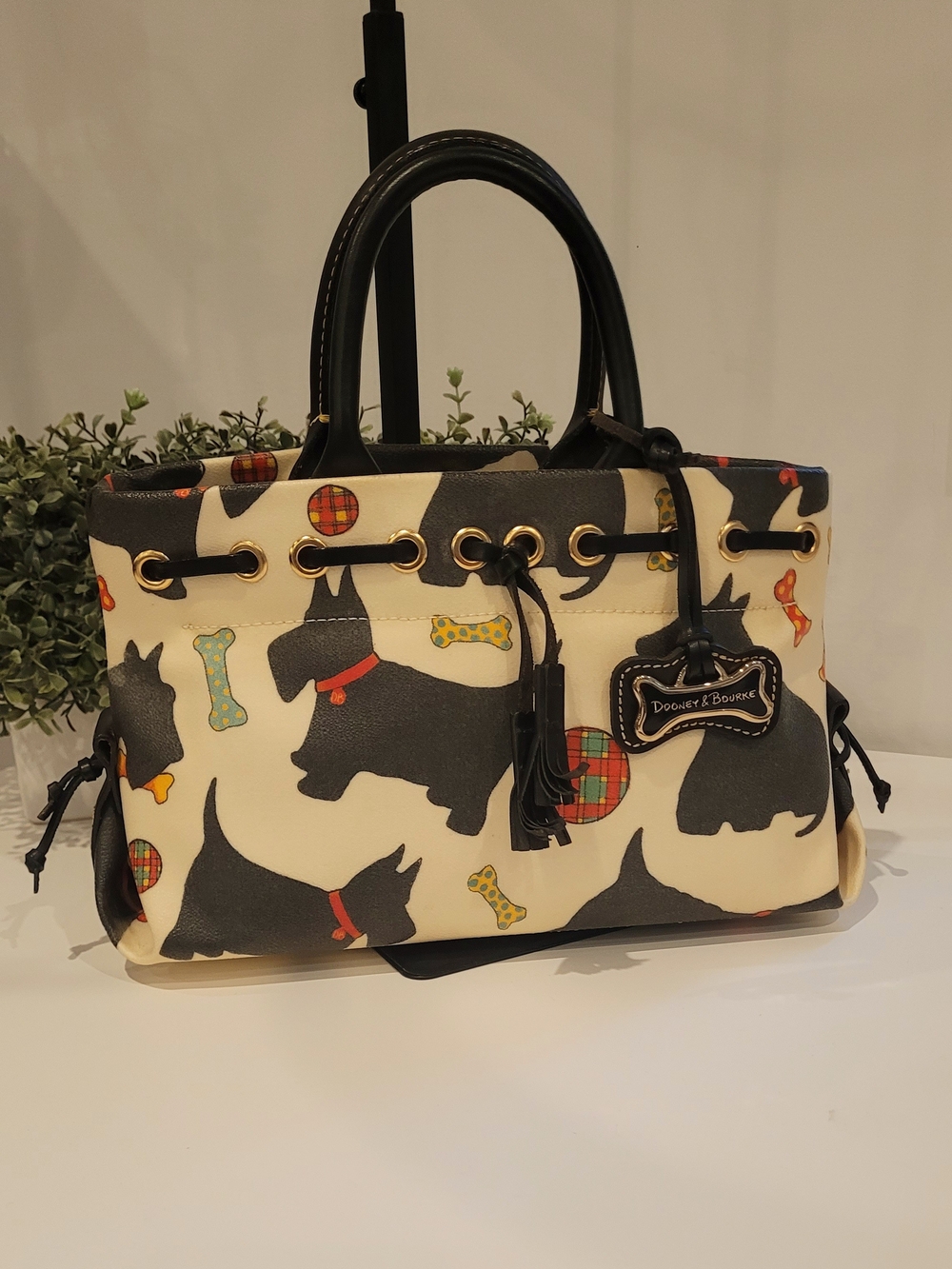 Dooney & Bourke Cream Scottie Print Satchel with Black Trim